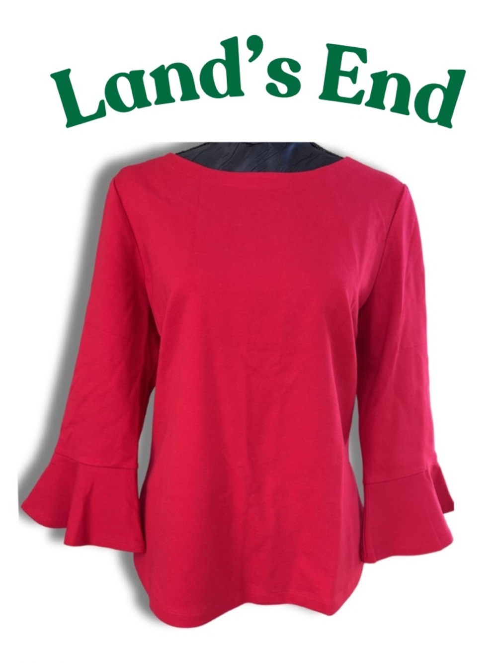 Lands’ End Bright Red Boat‑Neck Top – Bell Sleeves, Curved Hem – Medium Petite